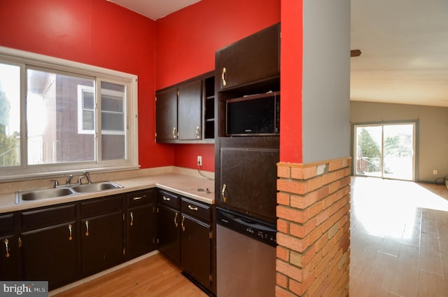 kitchen with lofted ceiling, stainless steel dishwasher, light hardwood / wood-style floors, and sink