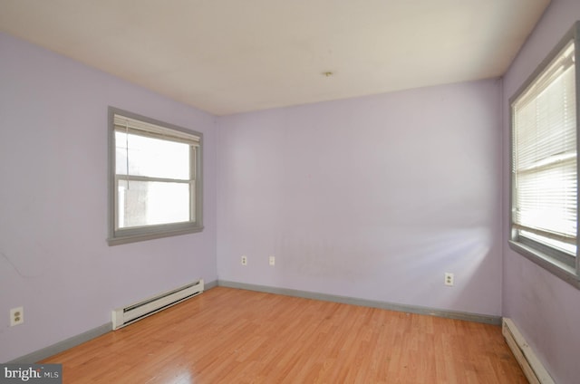 empty room with baseboard heating and light hardwood / wood-style flooring