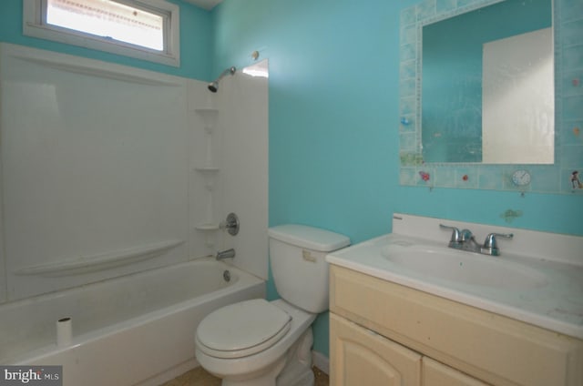 full bathroom featuring toilet, washtub / shower combination, and vanity