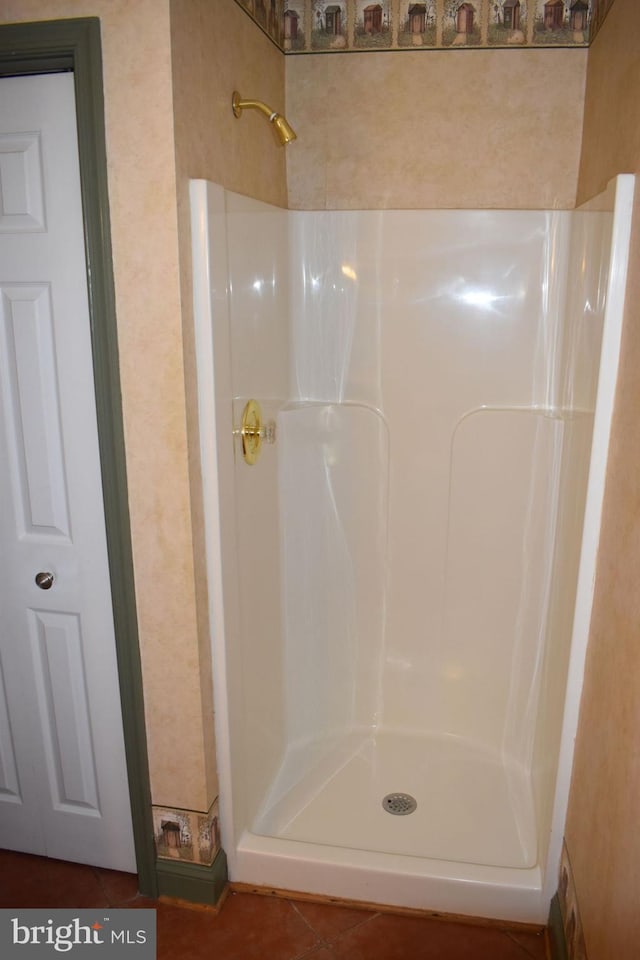 bathroom featuring tile patterned flooring and a shower