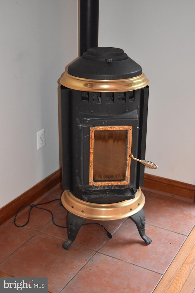 room details featuring a wood stove