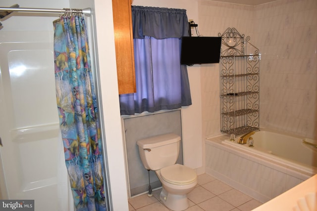 bathroom with toilet, tile patterned floors, and shower / bathtub combination with curtain