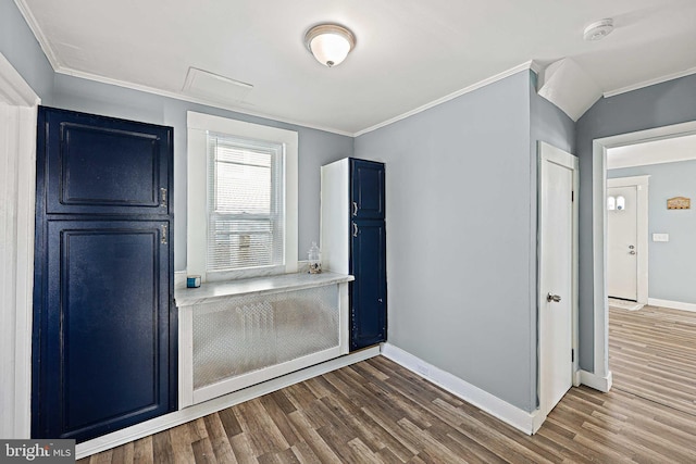 interior space featuring hardwood / wood-style floors, ornamental molding, and blue cabinets