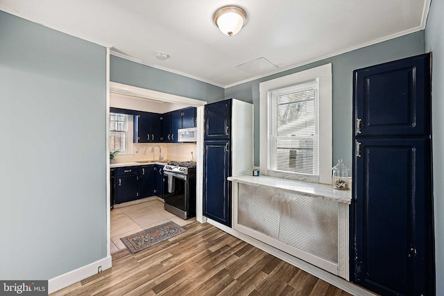 kitchen with stainless steel gas stove, sink, and light hardwood / wood-style flooring