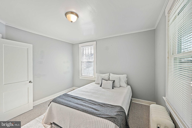 bedroom with light colored carpet and radiator