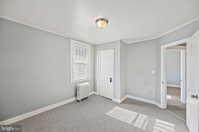 unfurnished bedroom featuring light carpet, a closet, radiator, and ornamental molding