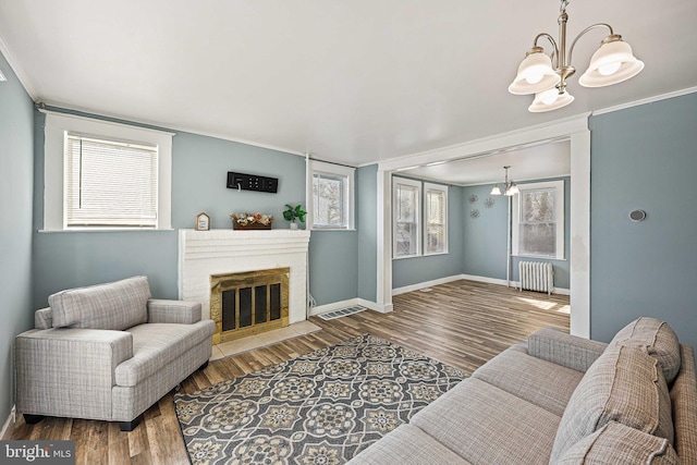 living room featuring plenty of natural light, hardwood / wood-style floors, radiator, and crown molding