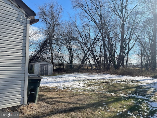 yard covered in snow featuring a shed