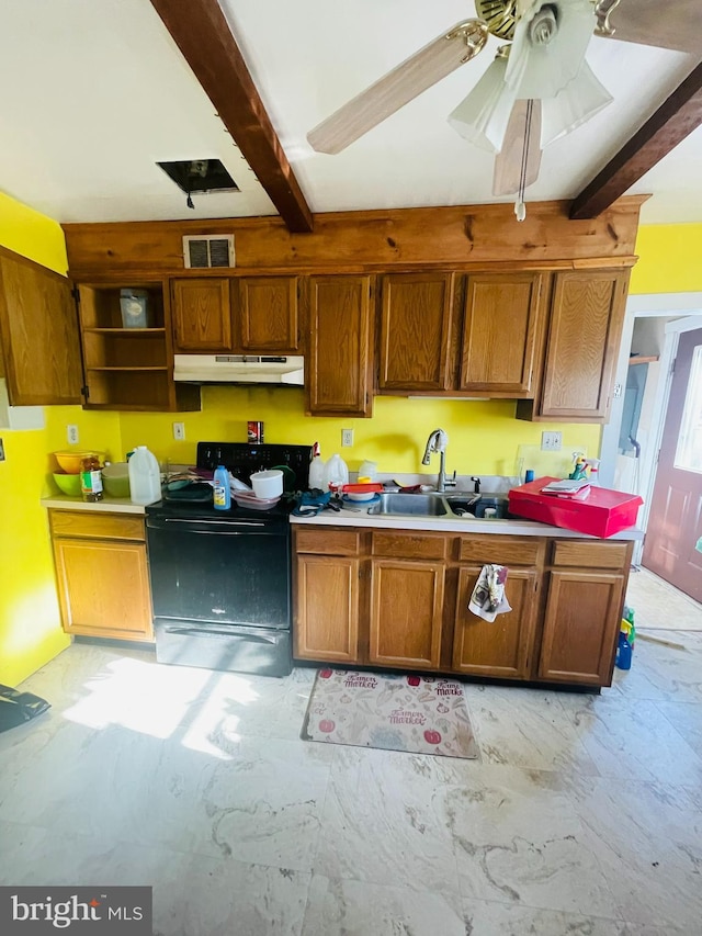 kitchen featuring ceiling fan, sink, black electric range oven, and beam ceiling