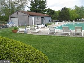 view of pool with a lawn