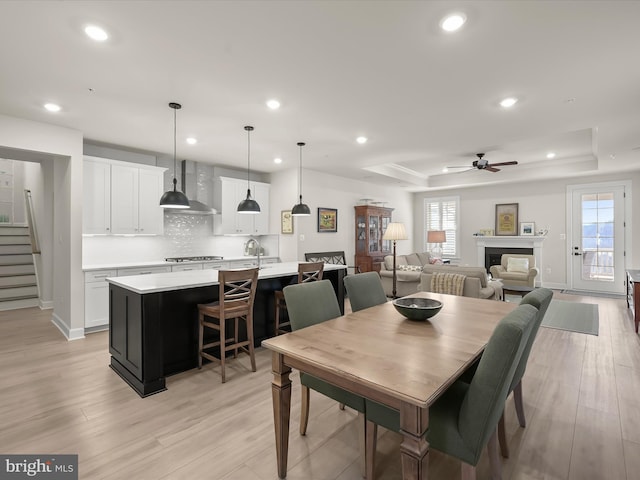 dining area featuring ceiling fan, a tray ceiling, and light hardwood / wood-style flooring