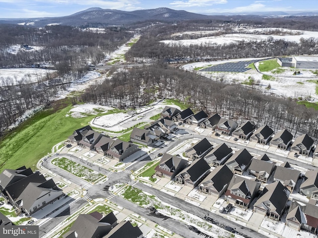 snowy aerial view featuring a mountain view