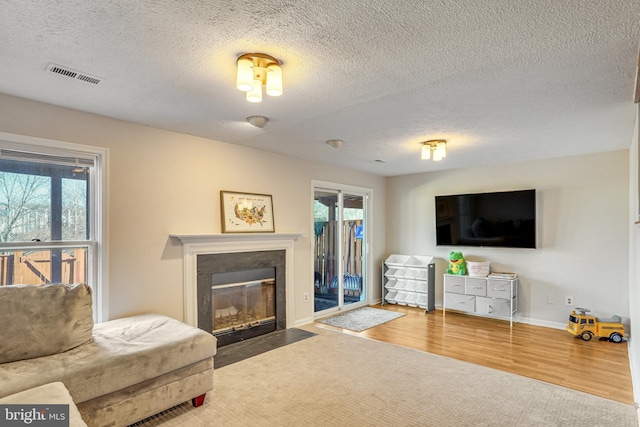 living room featuring hardwood / wood-style flooring, plenty of natural light, and a textured ceiling