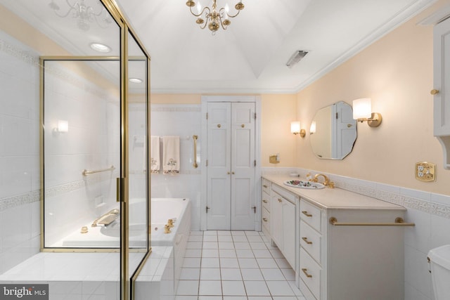 bathroom with vanity, tile patterned flooring, crown molding, and shower with separate bathtub