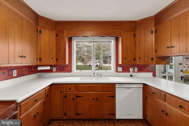 kitchen featuring decorative backsplash, sink, and dishwasher