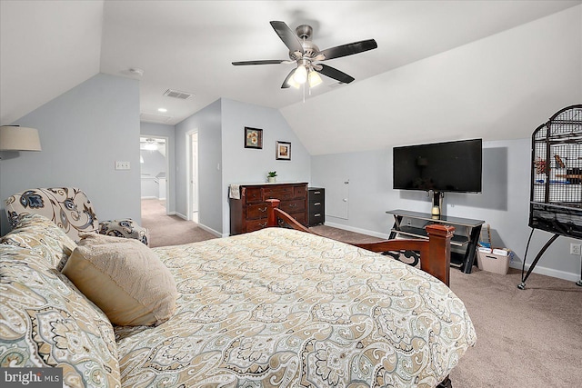 bedroom with ceiling fan, light colored carpet, and lofted ceiling