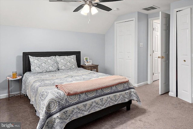 bedroom featuring ceiling fan, carpet, and vaulted ceiling