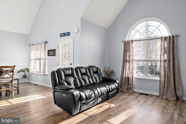 living room with high vaulted ceiling, plenty of natural light, and light hardwood / wood-style flooring