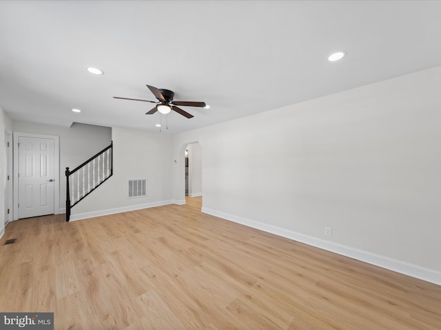 interior space featuring ceiling fan and light wood-type flooring