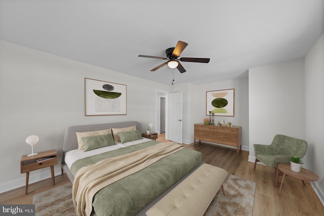 bedroom with hardwood / wood-style flooring and ceiling fan