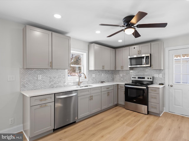 kitchen with sink, light hardwood / wood-style flooring, ceiling fan, appliances with stainless steel finishes, and gray cabinetry