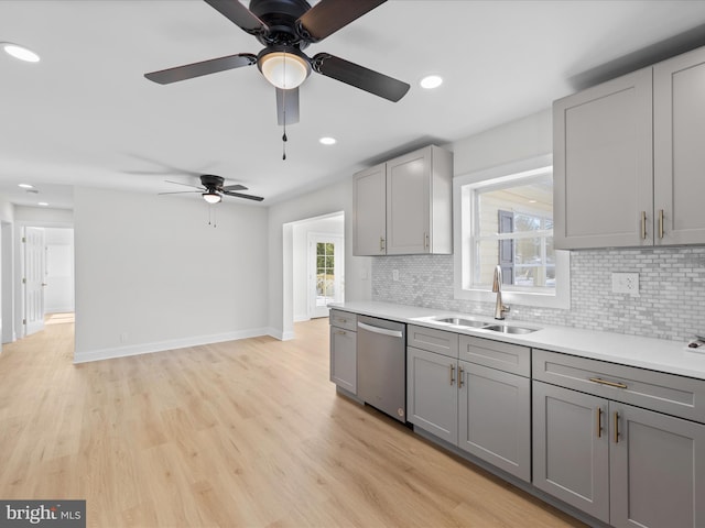 kitchen featuring sink, gray cabinets, tasteful backsplash, stainless steel dishwasher, and light wood-type flooring