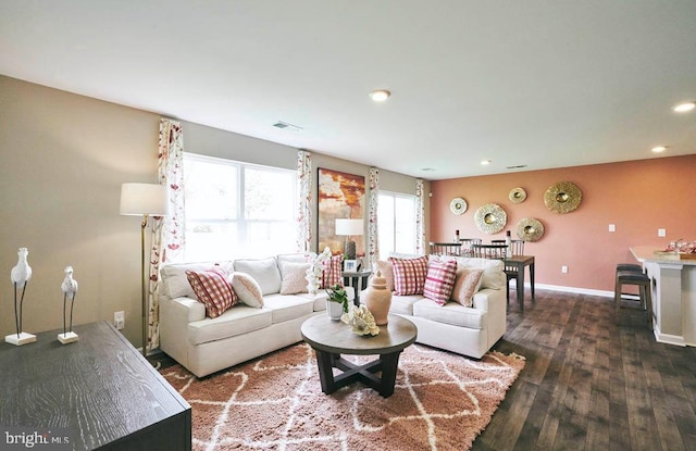 living room featuring dark wood-type flooring