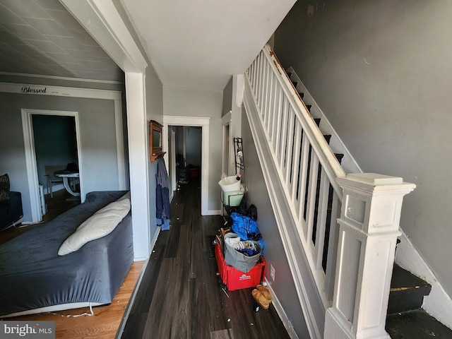 staircase with hardwood / wood-style flooring