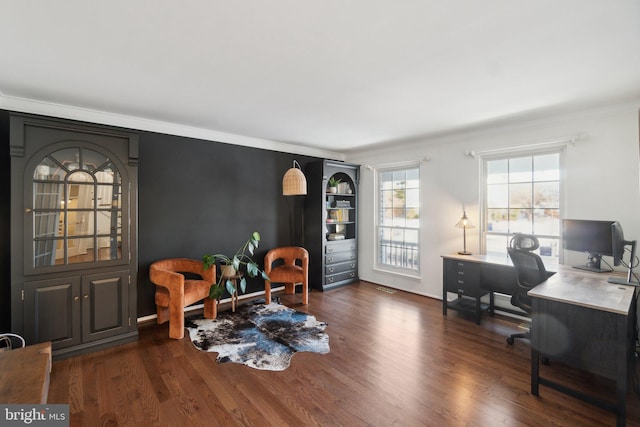 office space featuring dark hardwood / wood-style flooring and crown molding