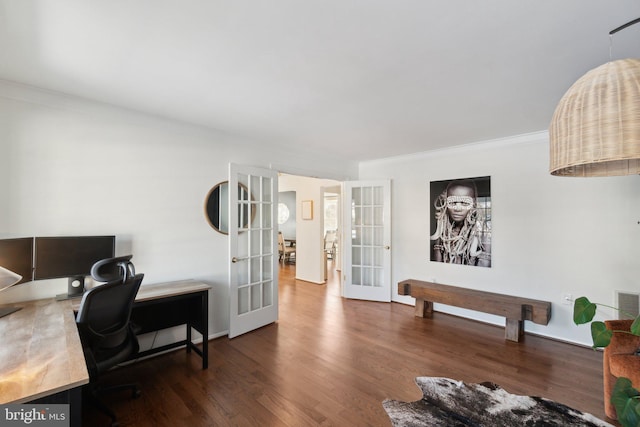 office area with ornamental molding, dark wood-type flooring, and french doors