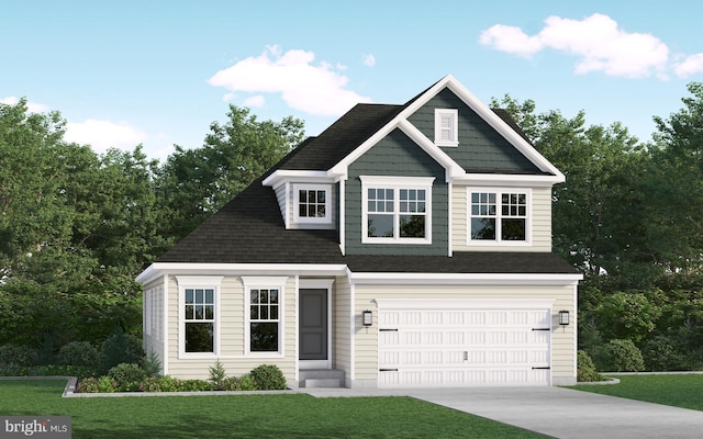 view of front facade with a front yard and a garage