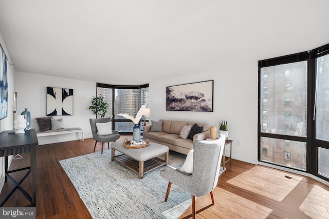 living room with wood-type flooring, plenty of natural light, and a wall of windows