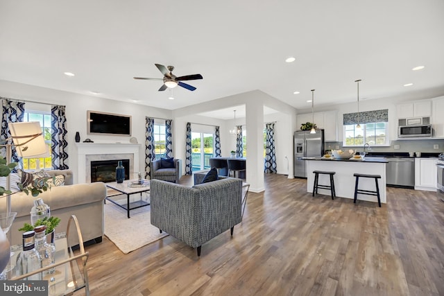 living room with sink, hardwood / wood-style floors, ceiling fan, and a healthy amount of sunlight