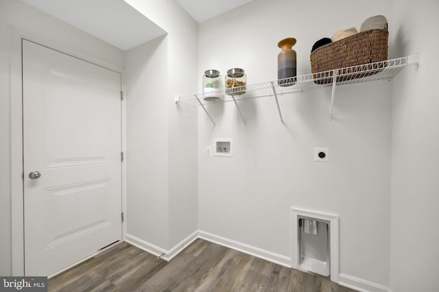 clothes washing area featuring electric dryer hookup, dark hardwood / wood-style flooring, and washer hookup