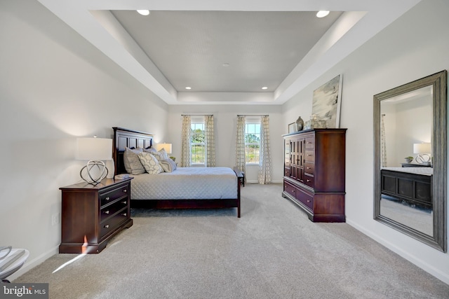 carpeted bedroom featuring a raised ceiling