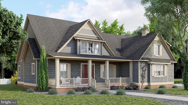 view of front of home with covered porch, crawl space, roof with shingles, and a front lawn