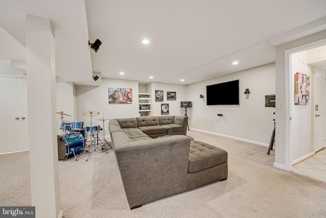 living room with light colored carpet