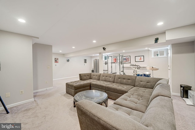 living room featuring light carpet