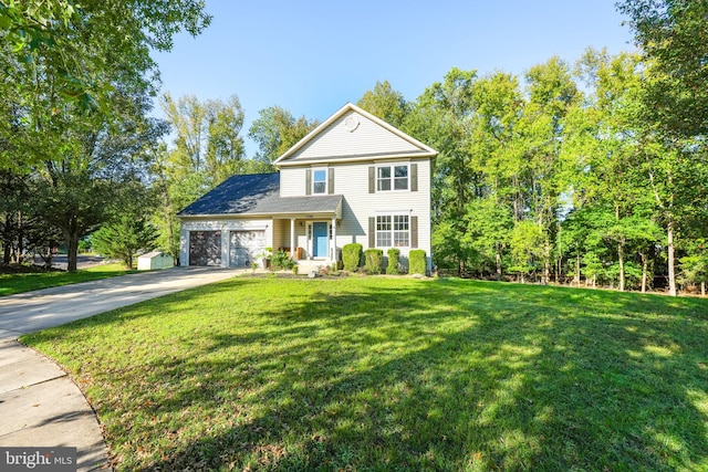 front facade with a garage and a front lawn