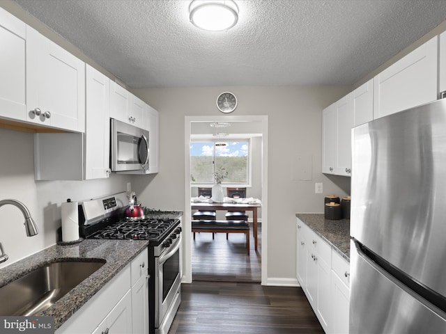 kitchen with dark wood-style floors, stainless steel appliances, a sink, and white cabinets