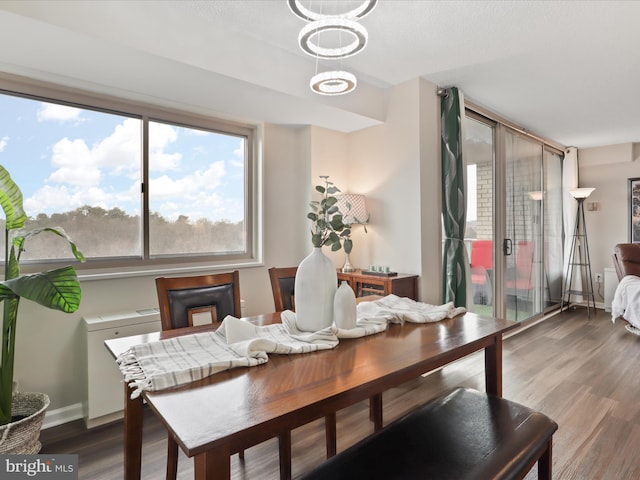 dining room featuring a chandelier, wood finished floors, and baseboards