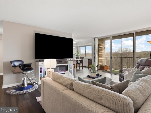 living area featuring a wall of windows, wood finished floors, and baseboards