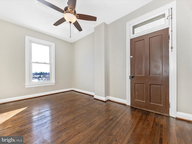 entrance foyer featuring dark hardwood / wood-style floors and ceiling fan