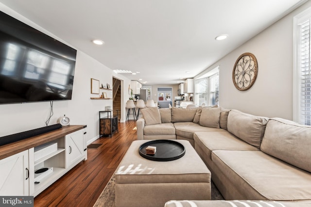 living room with dark hardwood / wood-style floors