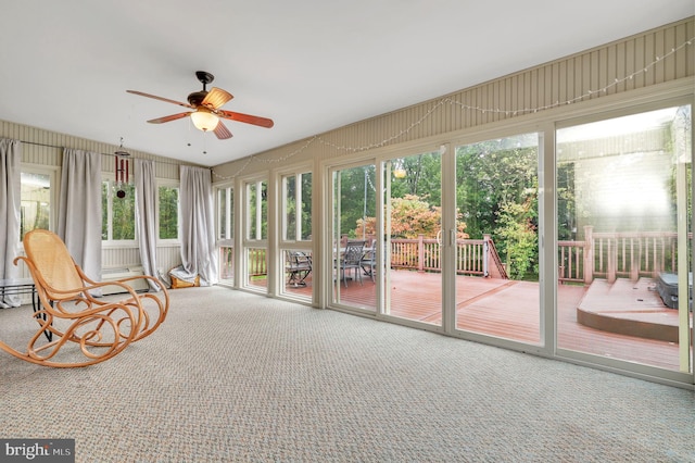 unfurnished sunroom featuring ceiling fan