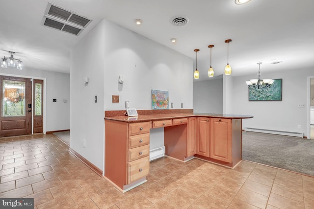 kitchen featuring a notable chandelier, hanging light fixtures, a baseboard radiator, light carpet, and kitchen peninsula