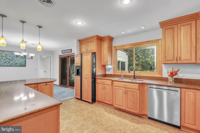 kitchen with dishwasher, sink, paneled built in refrigerator, pendant lighting, and light brown cabinets