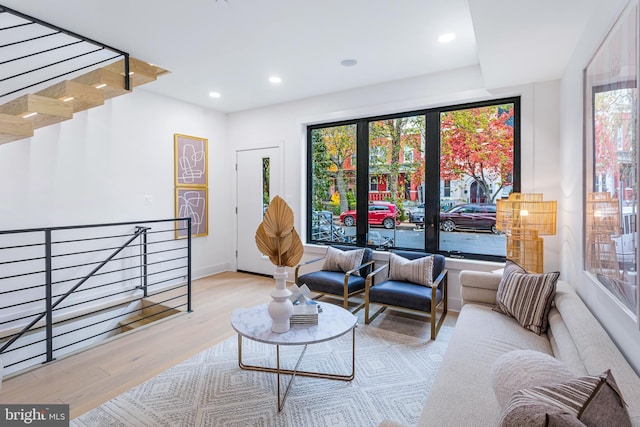 living room featuring french doors and light hardwood / wood-style flooring