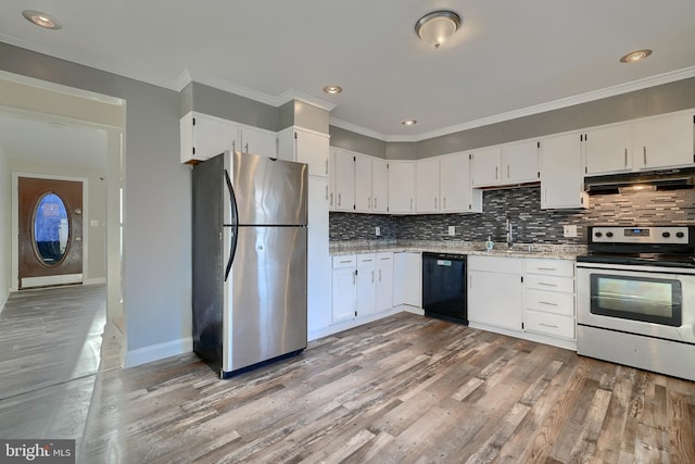 kitchen with white cabinetry, sink, stainless steel appliances, and light hardwood / wood-style floors