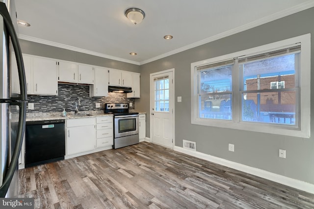 kitchen with sink, electric range, fridge, black dishwasher, and white cabinets